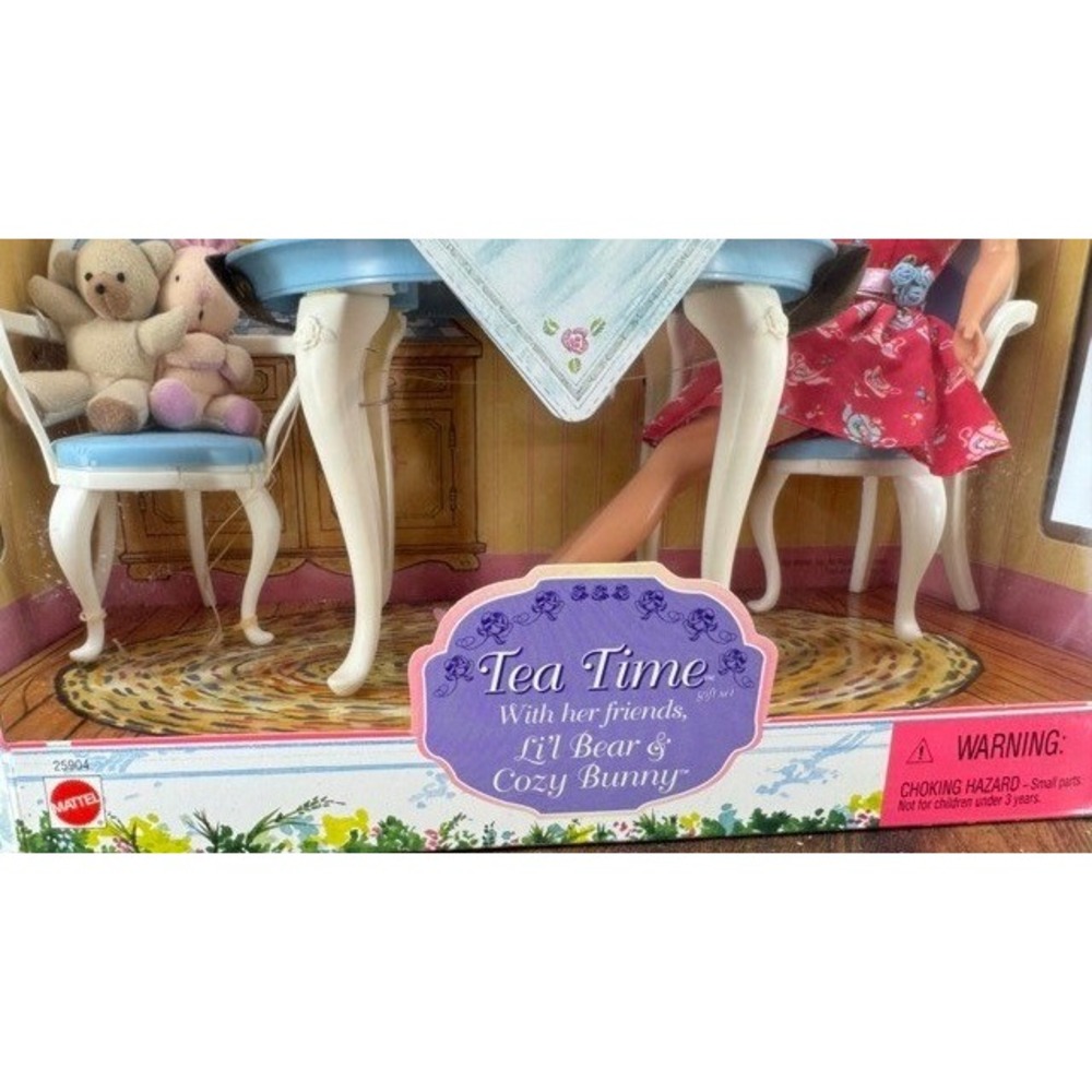 Vintage NEW Mattel Barbie Tea Time Gift Set Pink Floral Dress Bear Bunny - Picture 4 of 12